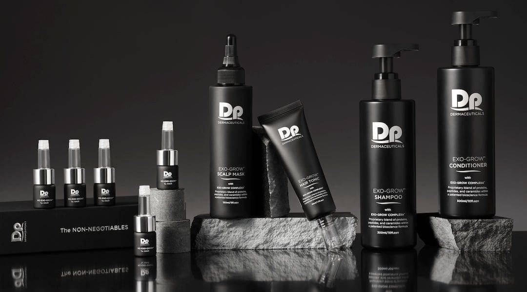 The full EXO-GROW Collection by Dp Dermaceuticals, the homecare Shampoo, Conditioner, Hair Tonic, Scalp Mask and Lash and Brow Serum