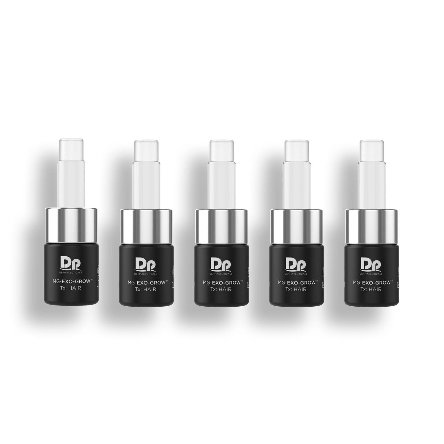 The five MG-EXO-GROW professional exosome vials by Dp Dermaceuticals, the in-clinic meso-glide driven into the scalp with a microneedling pen at Melatone Skin Clinic Battersea
