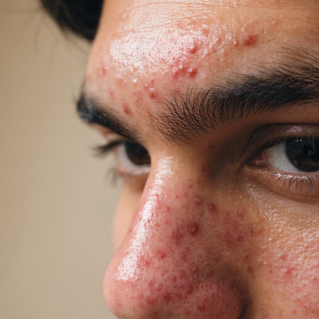 Close-up of acne-prone, oily skin