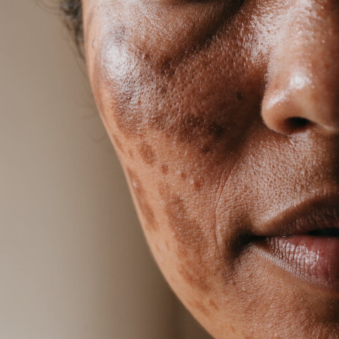Close-up of diffuse hyperpigmentation on medium-deep skin
