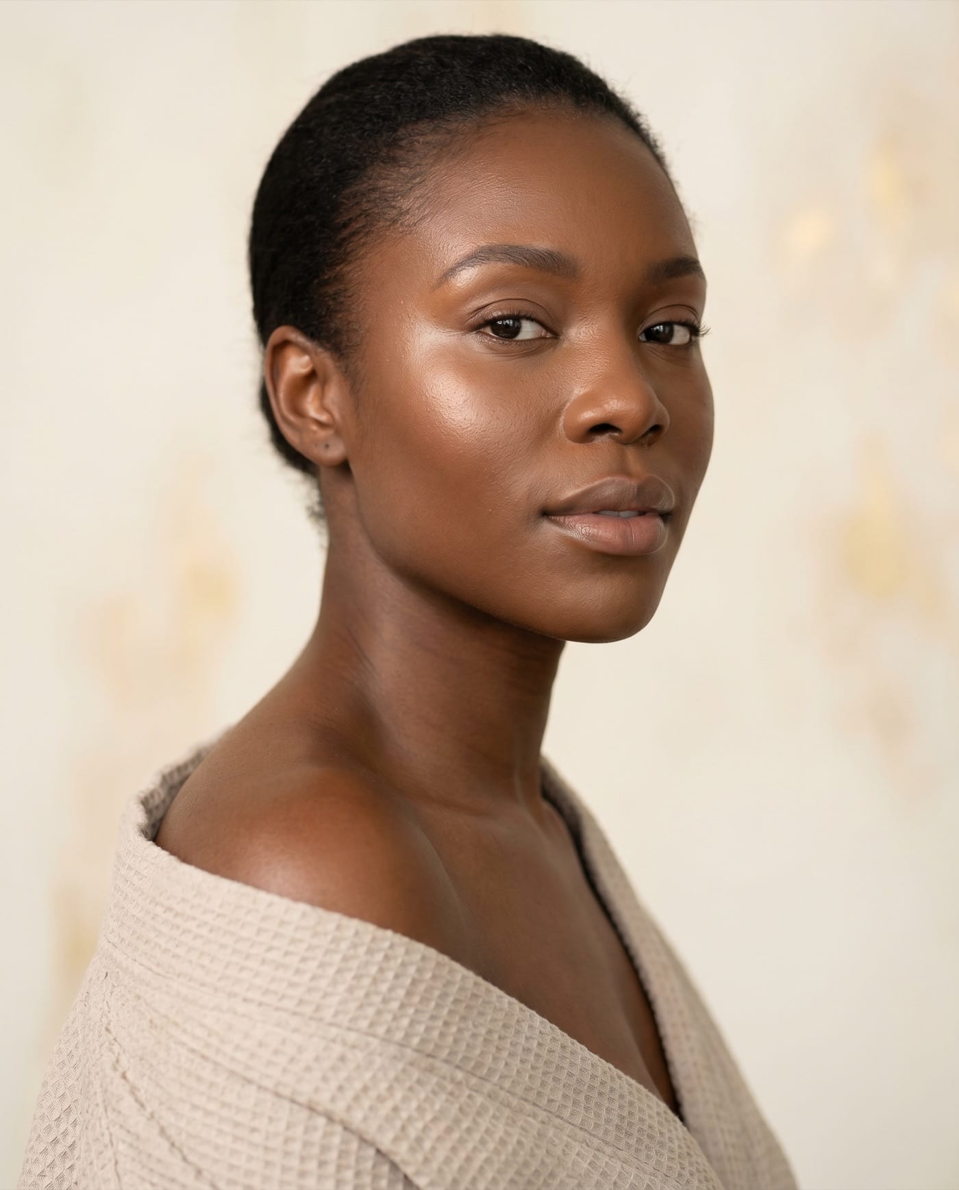 A woman with rich Fitzpatrick V skin and a calm, even, healthy complexion, representing Melatone Skin Clinic's Skin of Colour expertise in Battersea