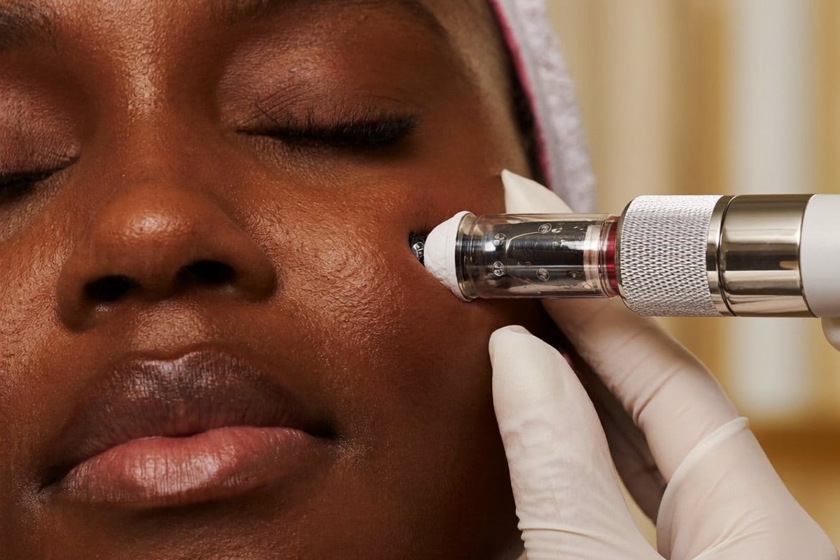Microneedling on melanin-rich Fitzpatrick VI skin at Melatone Skin Clinic Battersea, with melanin-aware parameters