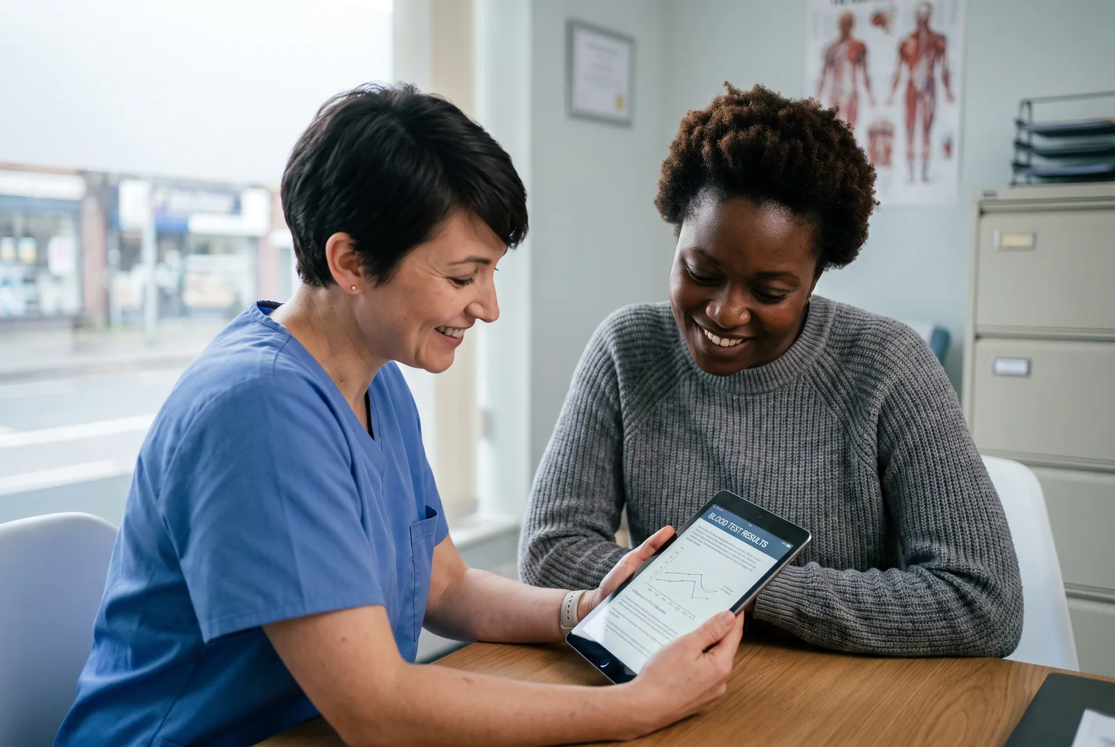 A clinician and client reviewing blood-test results together at Melatone Skin Clinic, Battersea