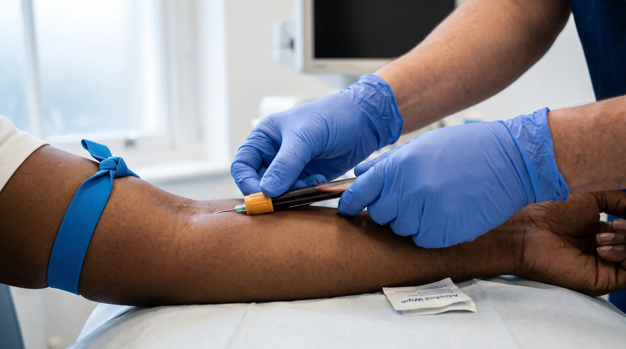 A GMC-registered PA taking a blood sample from a client at Melatone Skin Clinic in Battersea, London