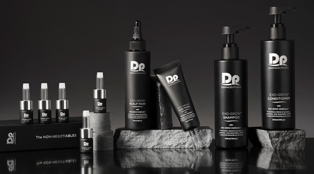 The full EXO-GROW Collection by Dp Dermaceuticals, the homecare Shampoo, Conditioner, Hair Tonic, Scalp Mask and Lash and Brow Serum