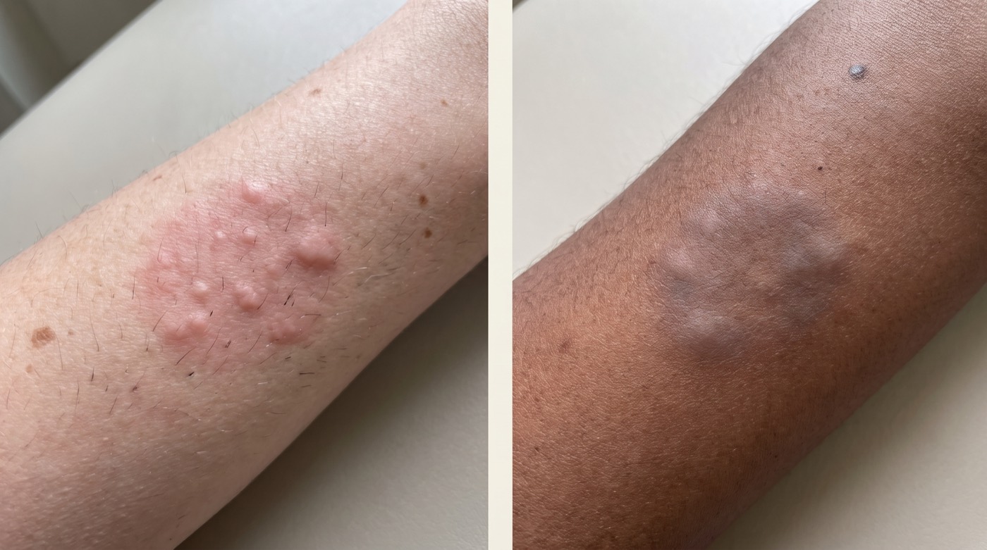 Two forearms photographed 48 hours after a laser patch test. On the left, on light skin, an uneven pink flush is immediately obvious, with scattered soft raised swellings of varying size around individual hair follicles. On the right, on deeply pigmented brown skin, there is no redness at all. The same reaction shows only as a slightly deeper, duskier patch, and the swellings are found through raised texture and the way light falls across them rather than through any change in colour.