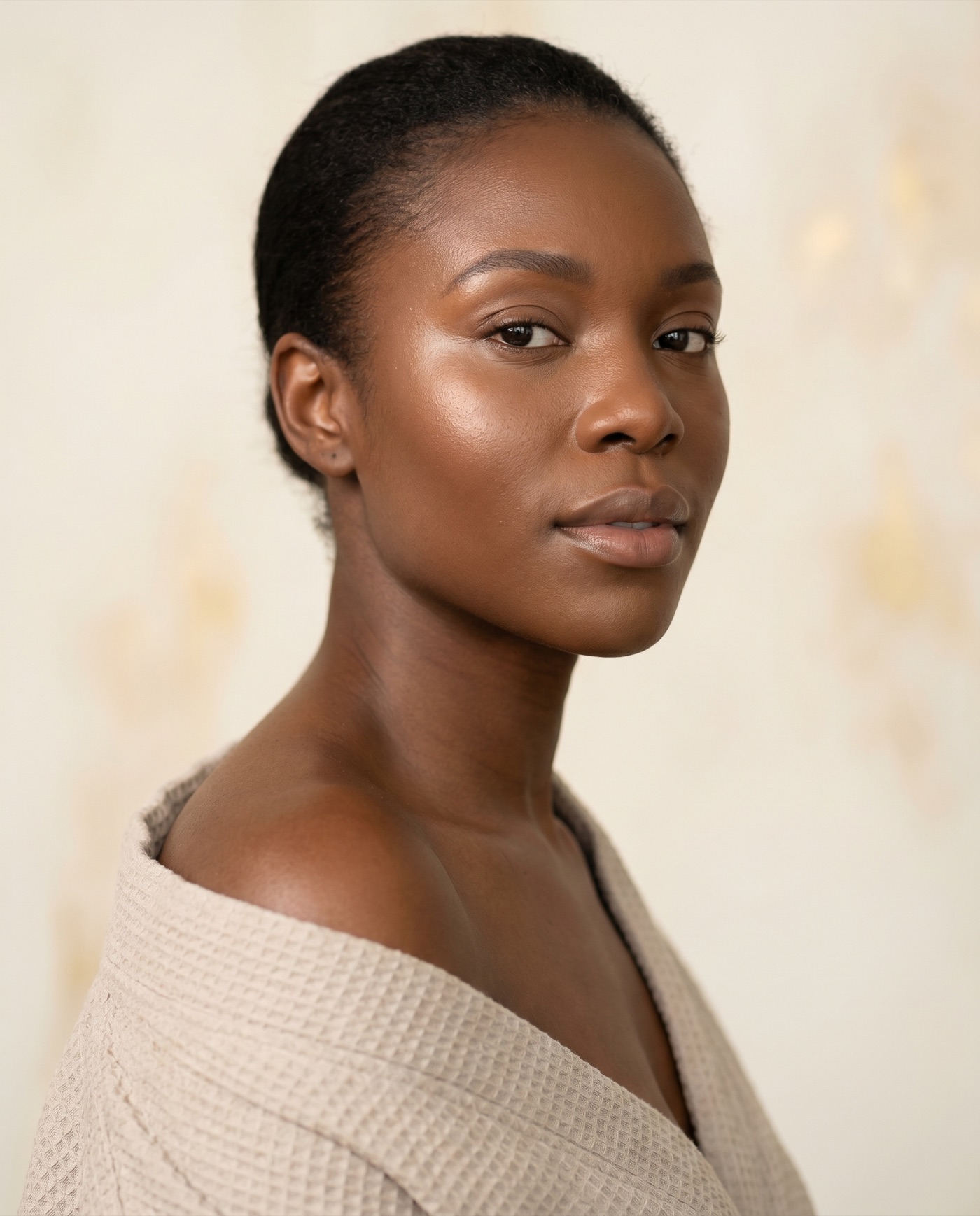 A woman with deeper skin tone, Fitzpatrick V to VI, with calm, even-toned and healthy skin in a cream-toned treatment room at Melatone Skin Clinic Battersea